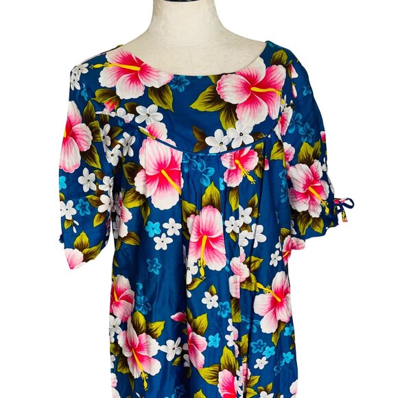 Ui Maikai Vintage Womens Dress Size Large Blue Floral Maxi Pure Cotton - Picture 3 of 12